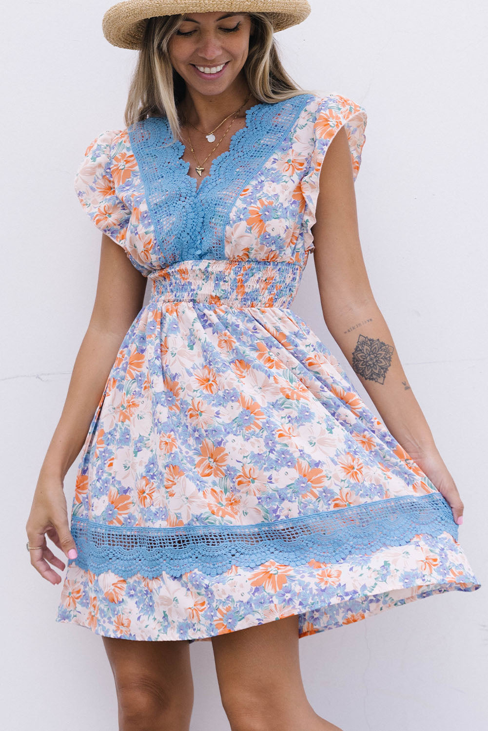 Floral Smocked Waist Spliced Lace Dress