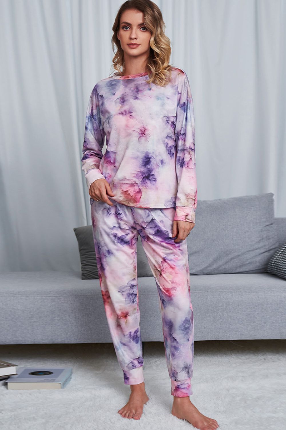 Tie-Dye Crewneck Top and Drawstring Waist Joggers Lounge Set