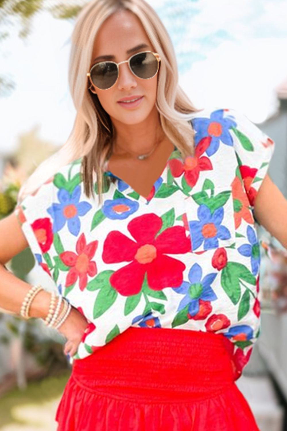 Floral V-Neck Short Sleeve Top