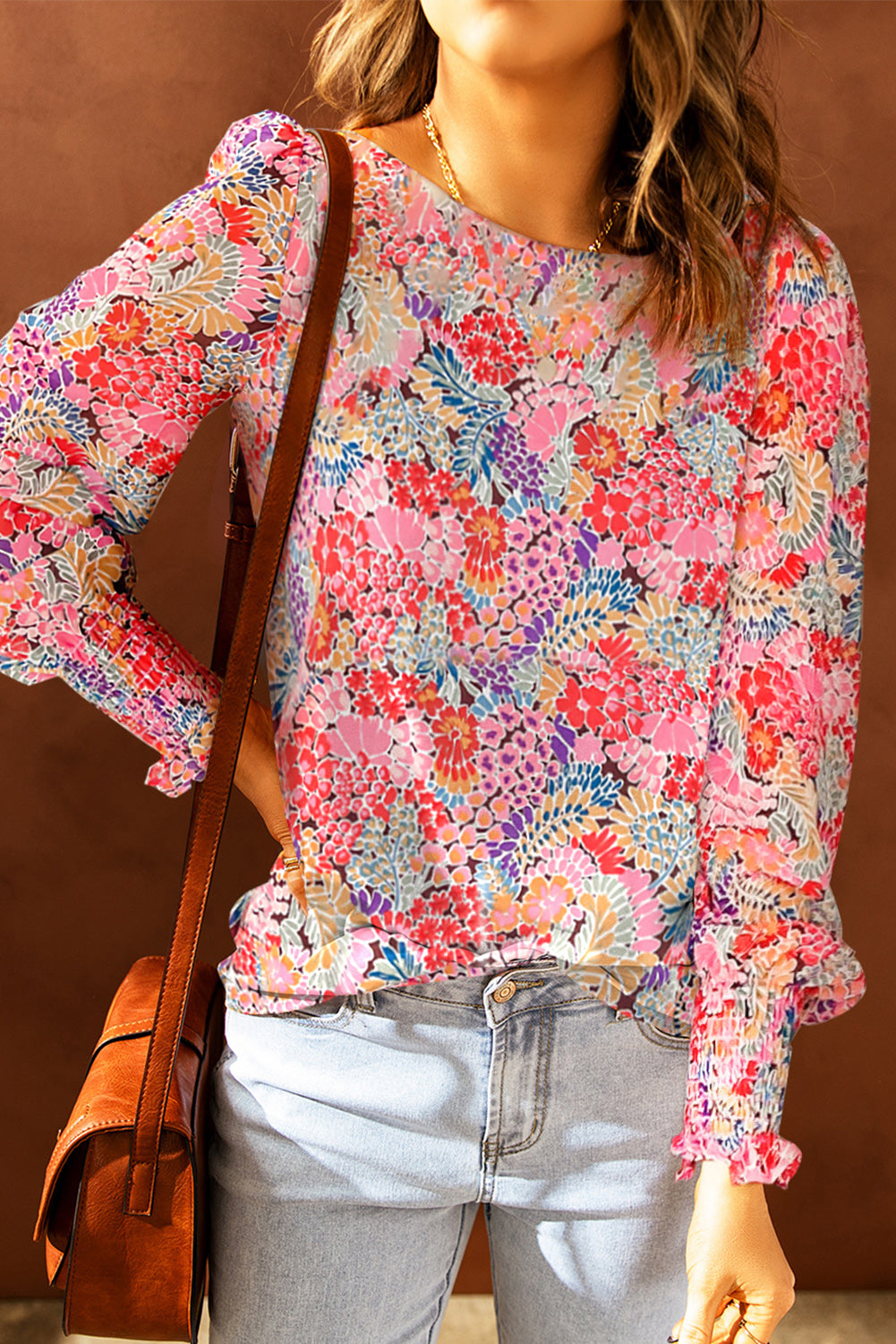 Floral Print Long Puff Sleeve Blouse