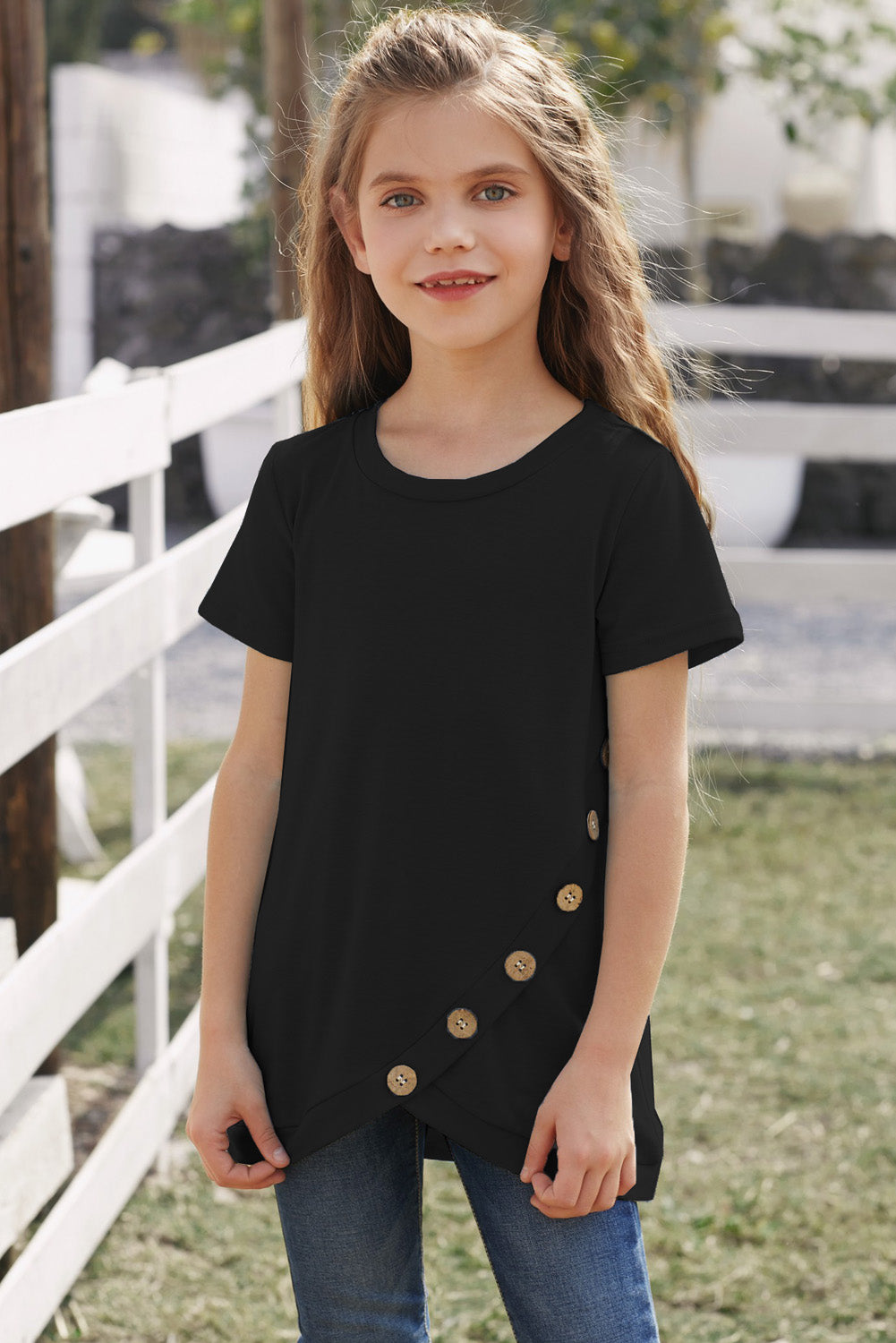 Girls Buttoned Tulip Hem T-Shirt