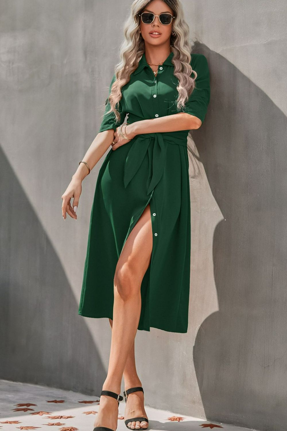 Collared Neck Tie Waist Midi Shirt Dress