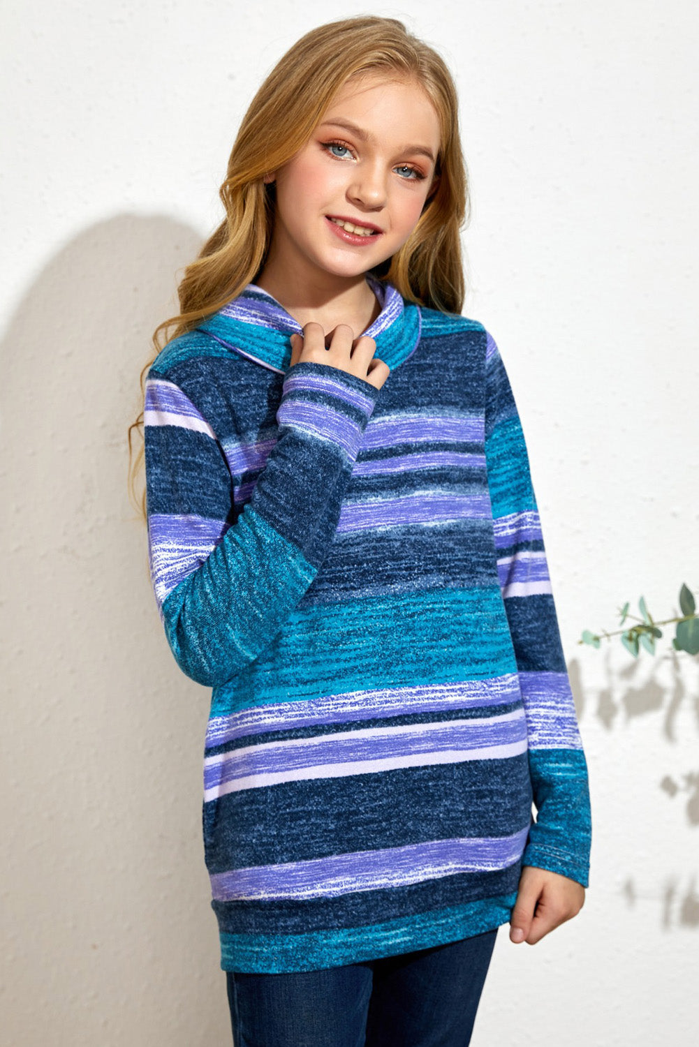 Girls Striped Cowl Neck Top with Pockets