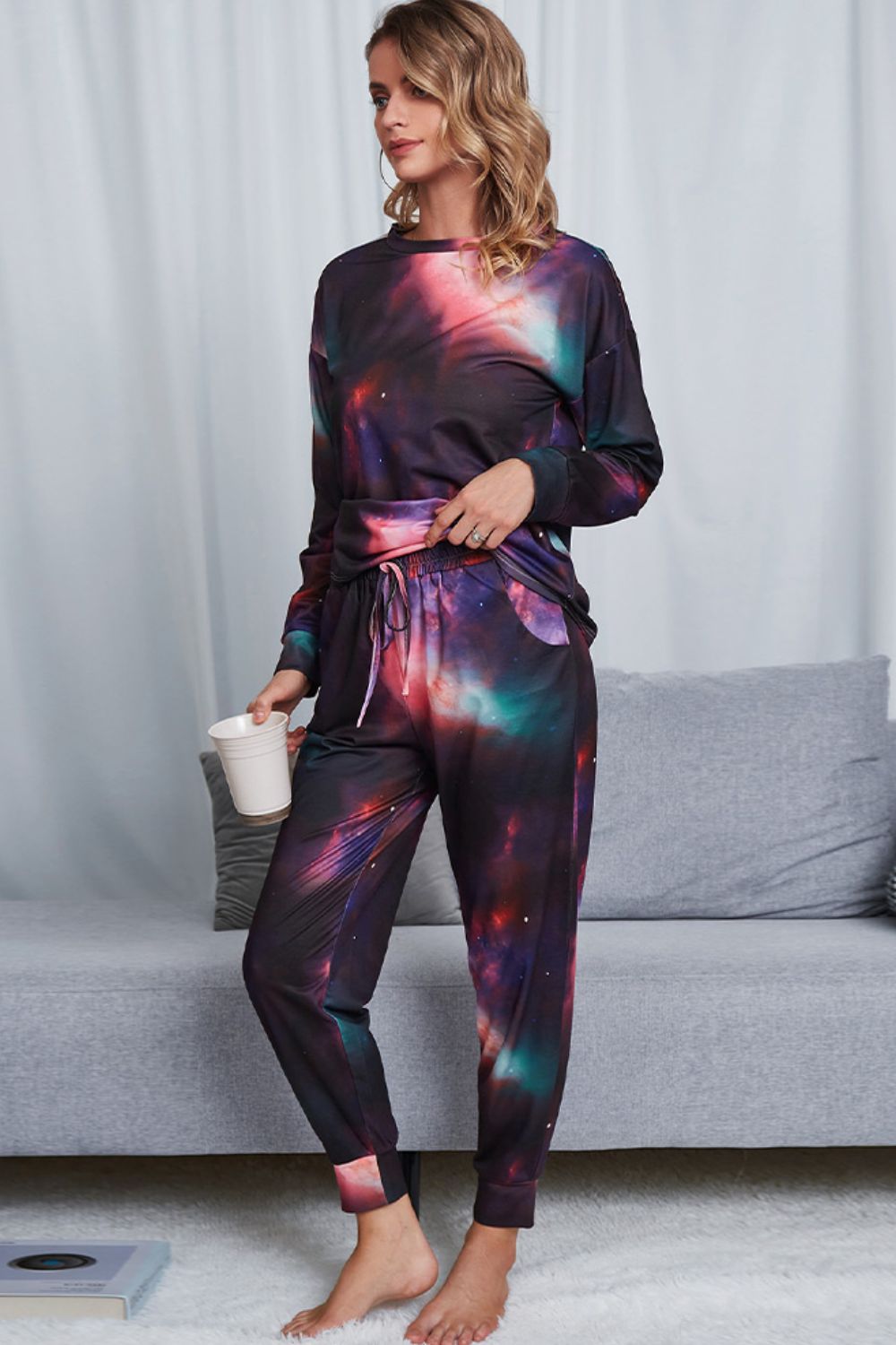 Tie-Dye Crewneck Top and Drawstring Waist Joggers Lounge Set