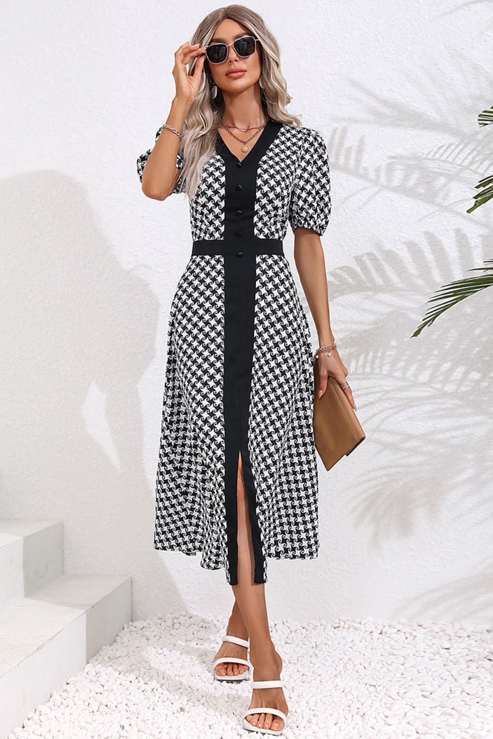 Printed Decorative Button V-Neck Slit Dress