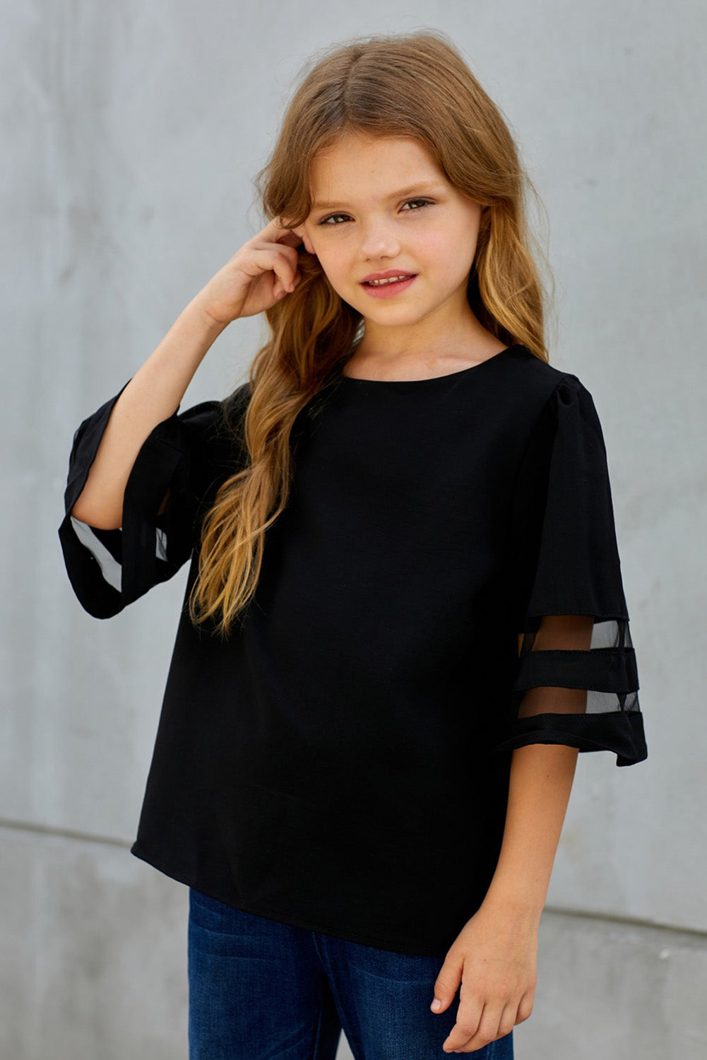 Girls Sheer Striped Flare Sleeve Tee Shirt