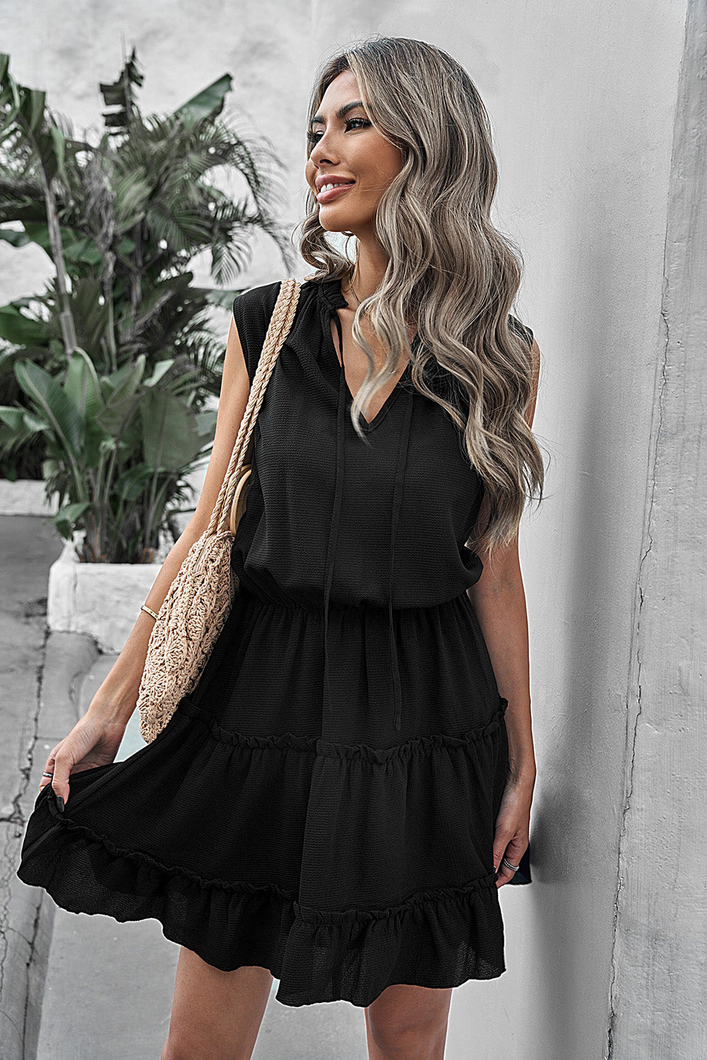 Tie Neck Frill Trim Sleeveless Mini Dress