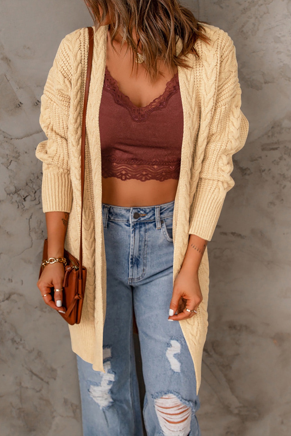 Cable-Knit Open Front Sweater Cardigan