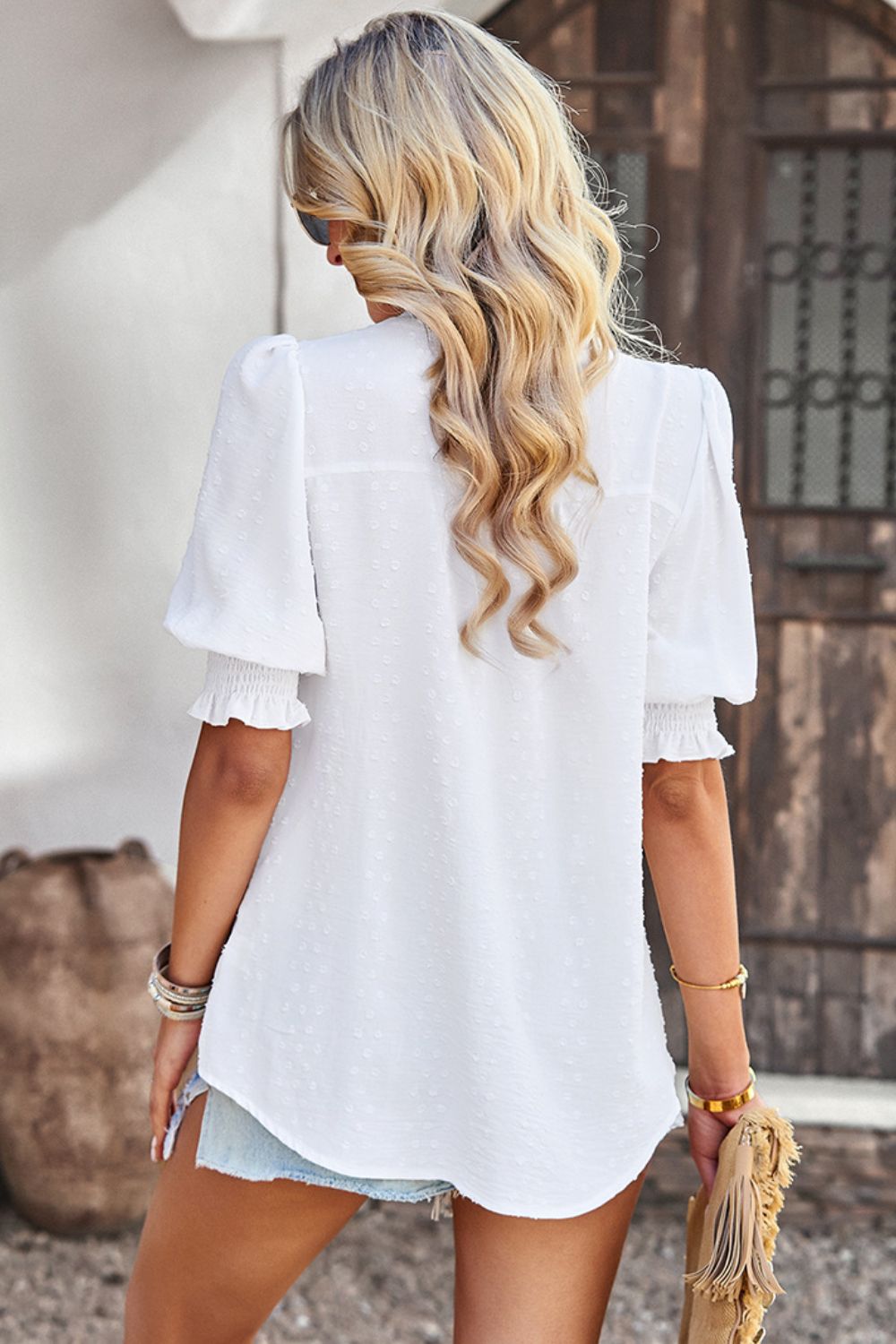 Textured Notched Neck Puff Sleeve Blouse