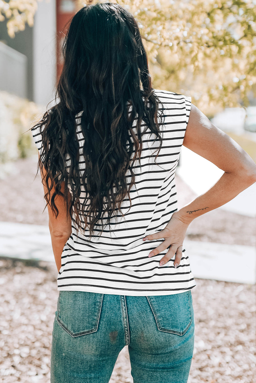 Striped Round Neck Capped Sleeve Top