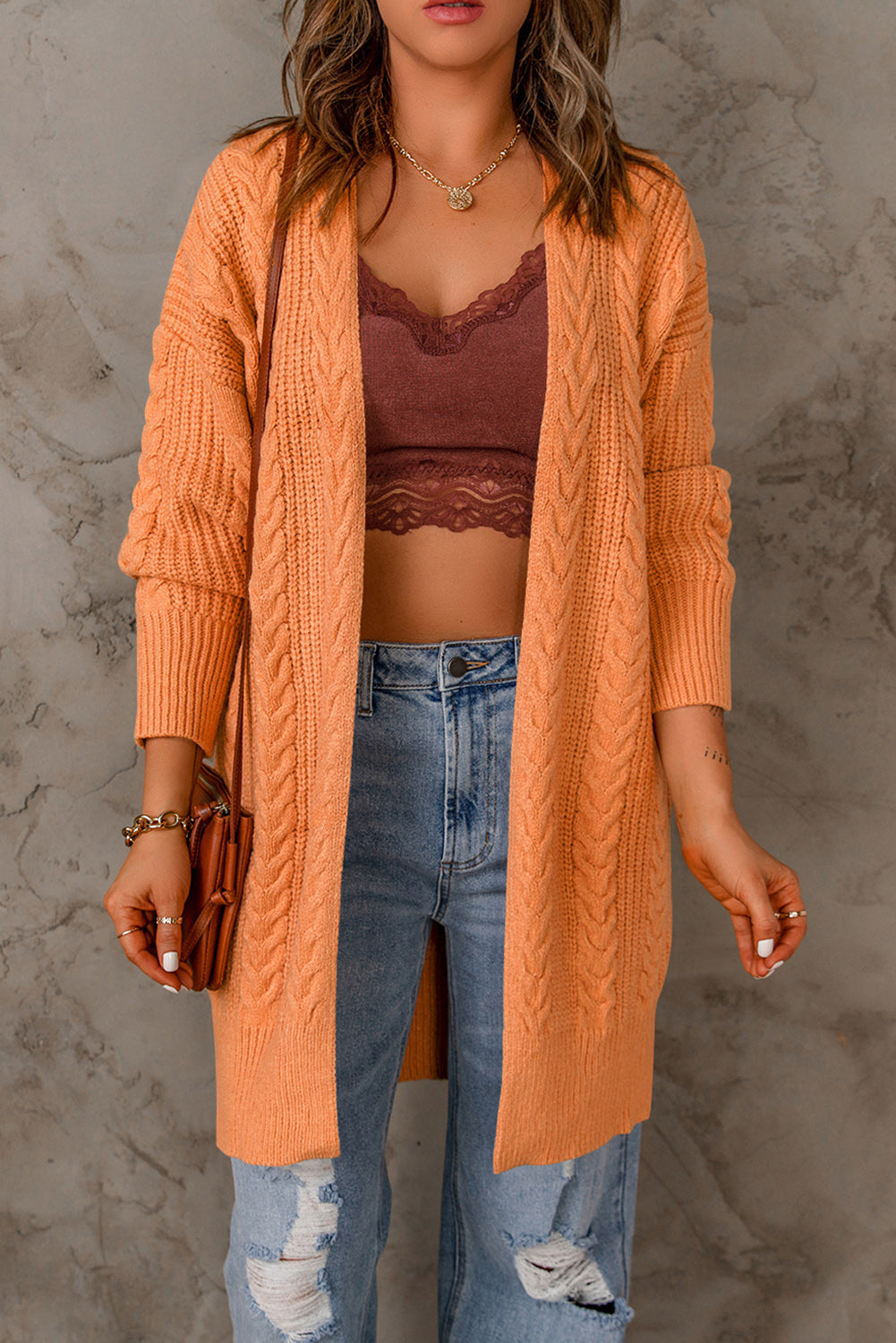 Cable-Knit Open Front Sweater Cardigan