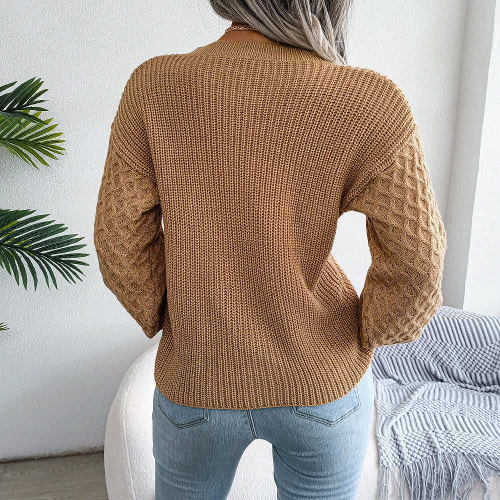 Mixed Knit Round Neck Dropped Shoulder Sweater