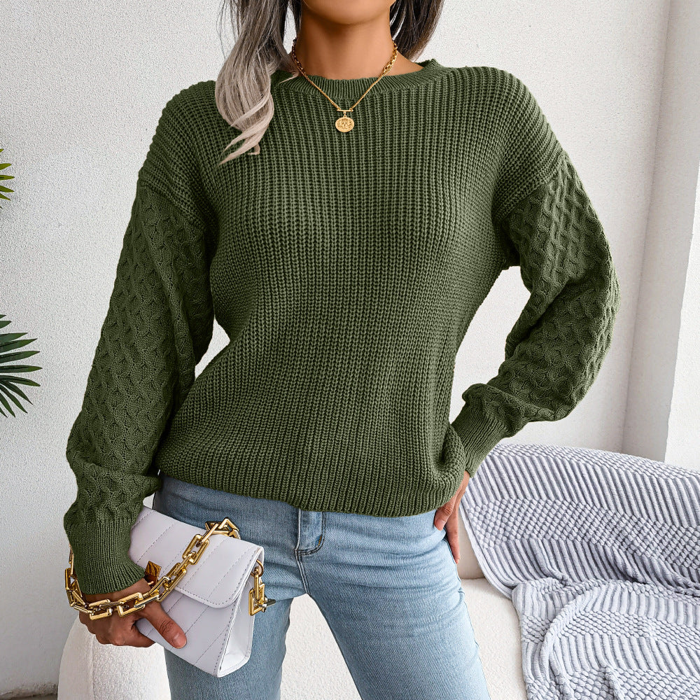 Mixed Knit Round Neck Dropped Shoulder Sweater