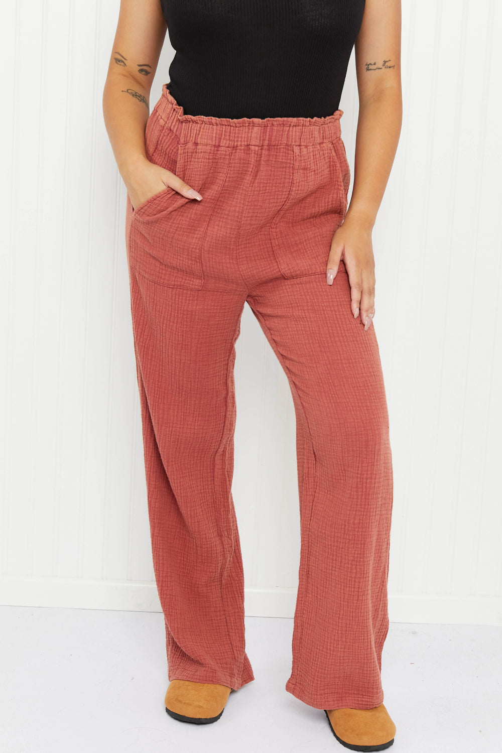 Cotton Bleu Vagabond Full Size Paperbag Wide Leg Pants