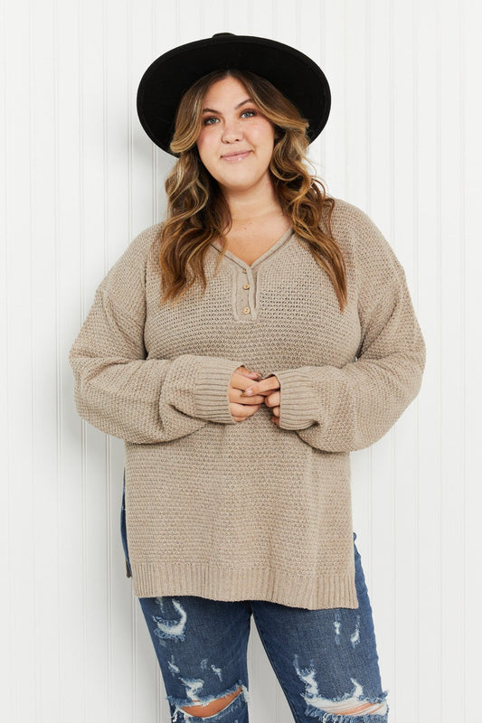 GeeGee Full Size Waffle Knit Henley Sweater