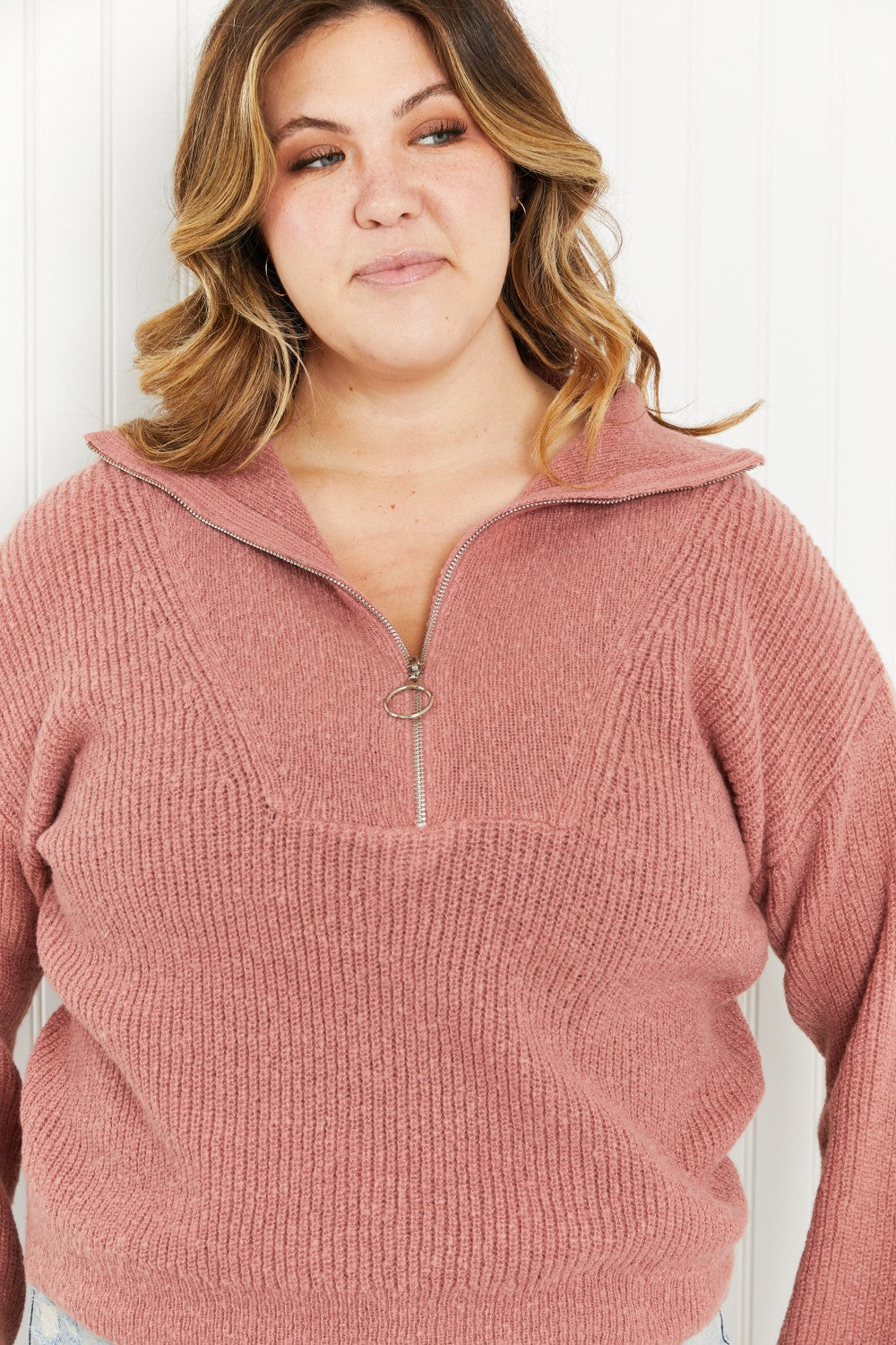 Andree by Unit Central Park Full Size Half-Zip Ribbed Sweater