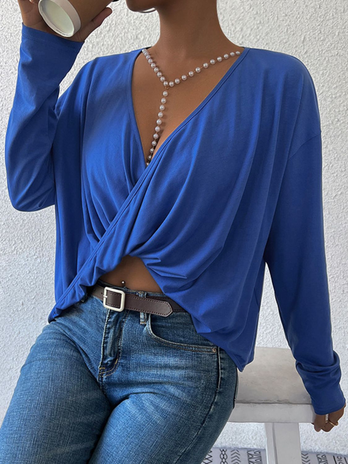 Long Sleeve Twisted Surplice Neck Blouse